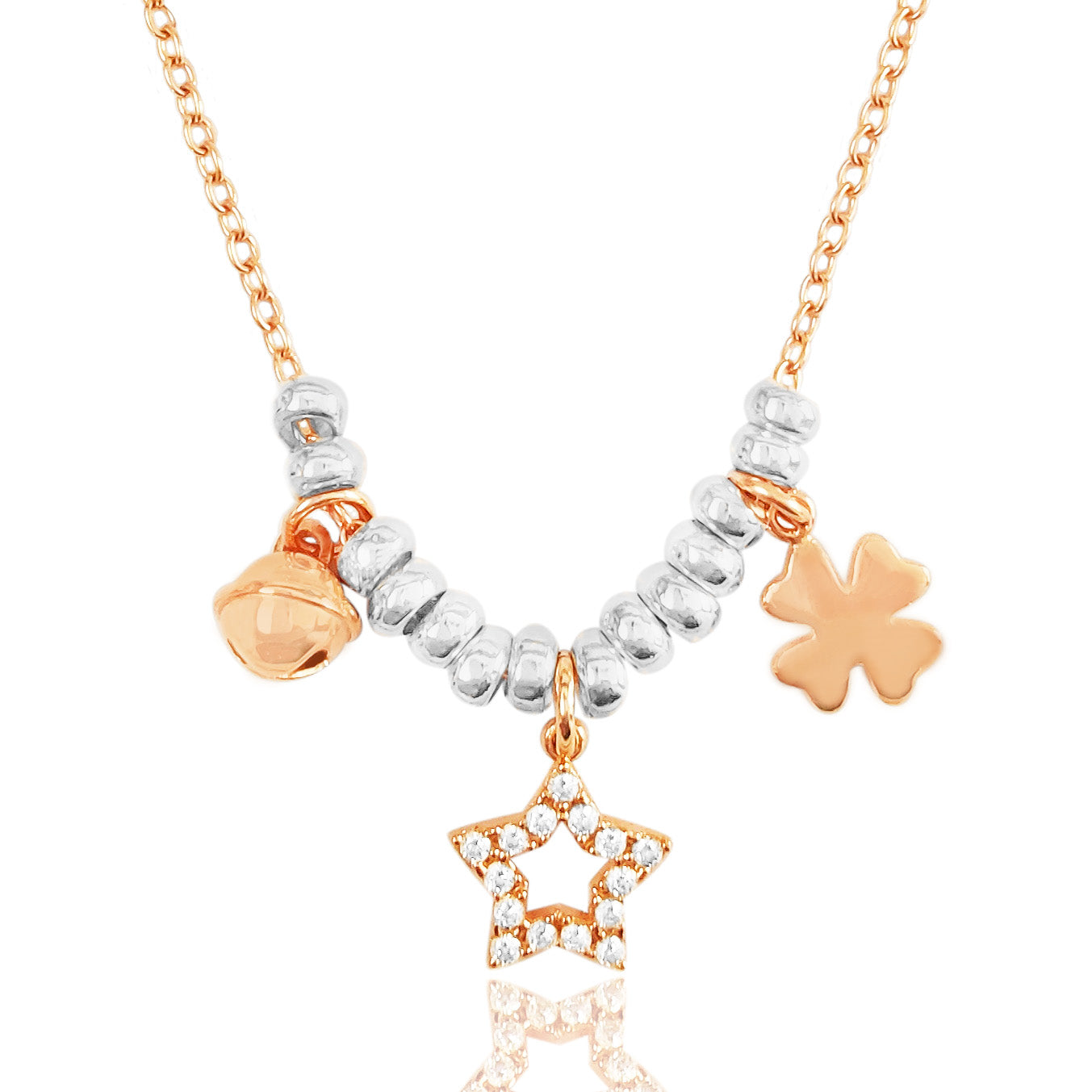 vendita online di gioielli artigianali in argento 925 collana con ciondoli charms pendenti campanellino stellina quadrifoglio porta fortuna con rondelle ciambelle granelli pepite tipo simil dodo mariani idea regalo natale 2020