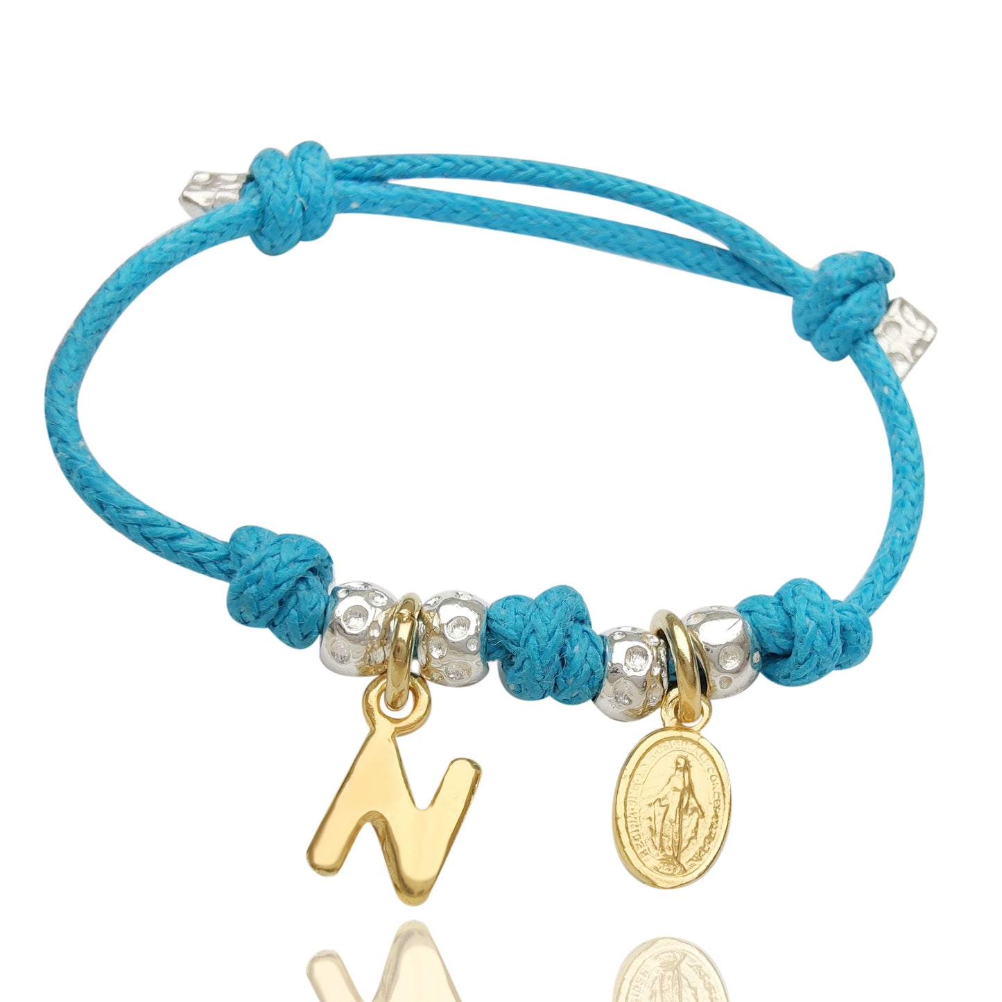 Bracciale per bambini in cordino colorato con ciondolo madonnina miracolosa e iniziale in argento 925 placcato oro