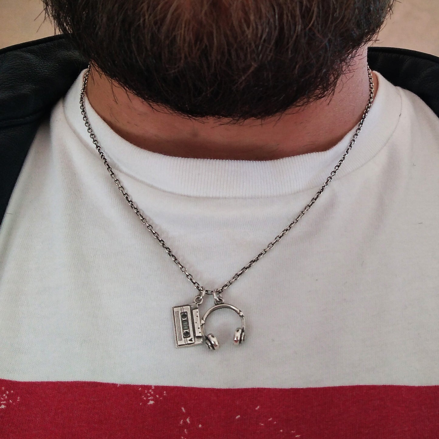collana catenina forzatina argento 925 con ciondoli pendenti cuffie dj musicassetta musica  regalo ideale per uomo ragazzo festa papà compleanno gioielli artigianali prezzo basso sconto offerta